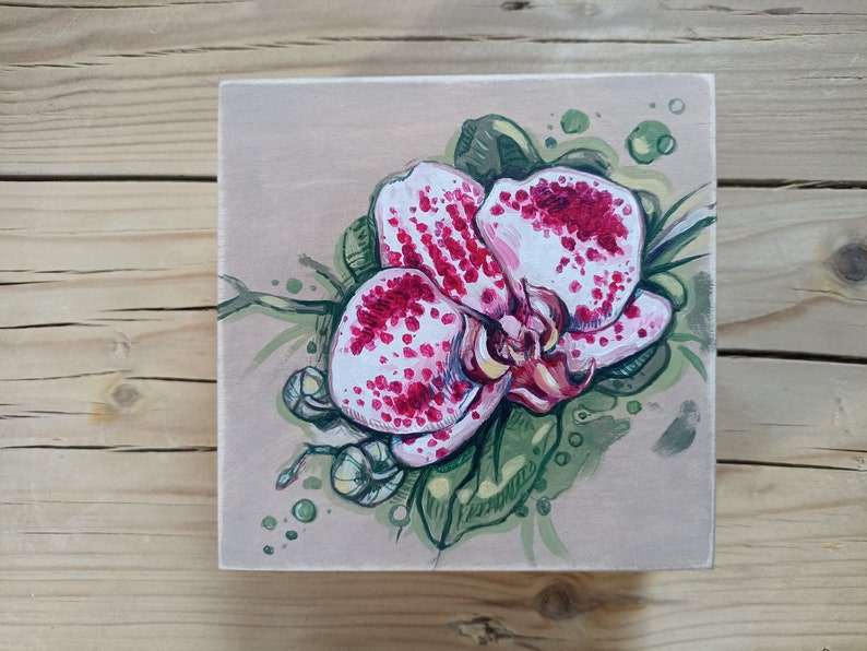 Fleur d'orchidée, boîte en bois peinte à la main, peinture acrylique image 2