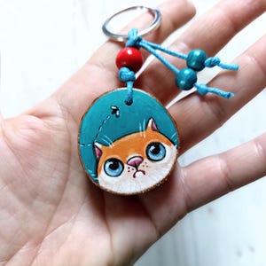 Wooden Keychain, Bag Charm - Funny Cartoon Orange Cat