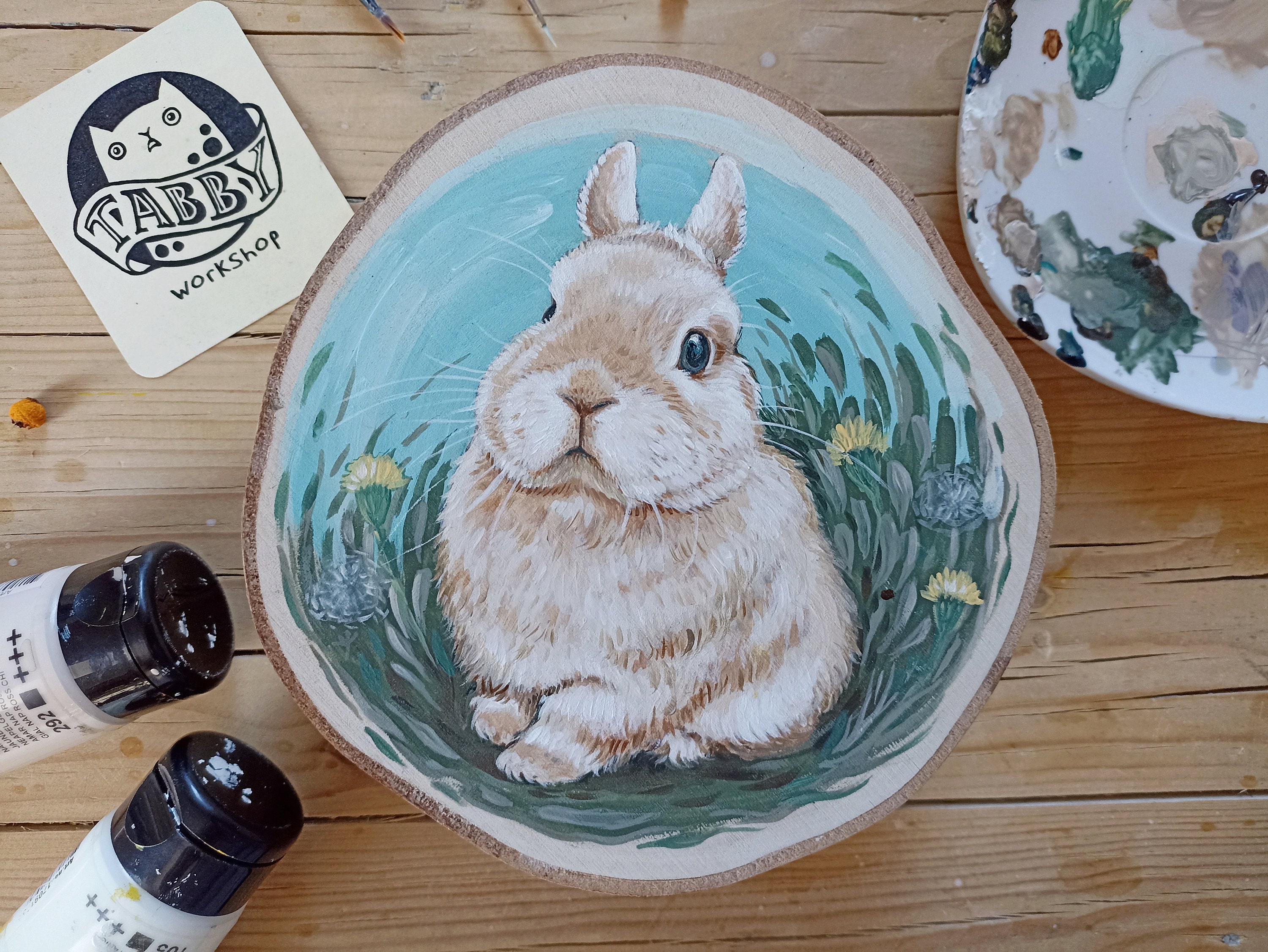 Bunny Rabbit Painted on a Wooden slice, Hand-Painted Wood Slice, Great Home Decor