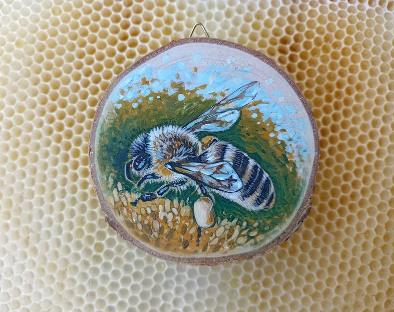 Honey Bee, Original Art on a Birch Wood Slice, Hand-painted Gift, Cute Souvenir image 3