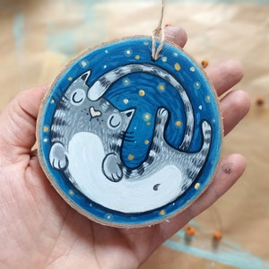 Wooden Home Decor, Gray Cat Painted on Wood Slice