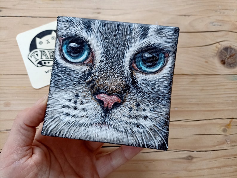 Cat Face Painting on Canvas, 10 x 10cm, Original Acrylic Painting, Tabby Gray Cat Fine Art image 5