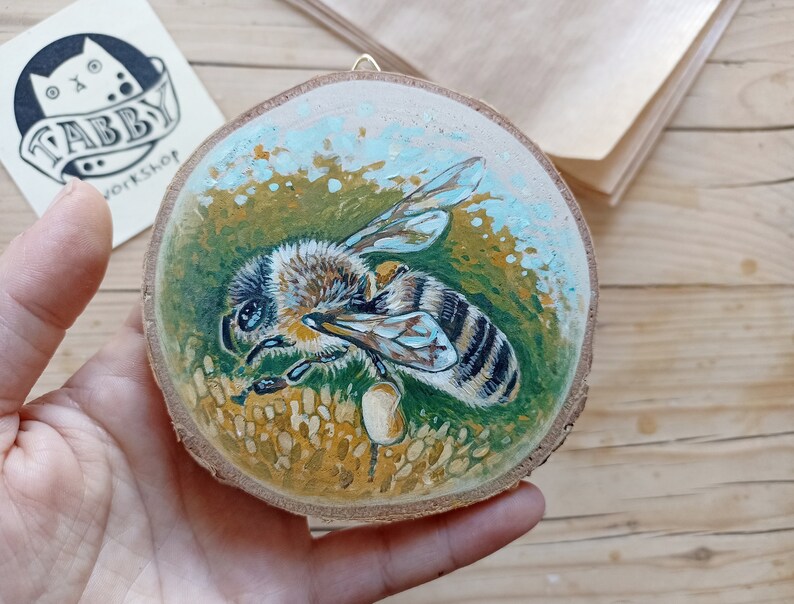 Honey Bee, Original Art on a Birch Wood Slice, Hand-painted Gift, Cute Souvenir image 4