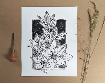 Lilies, Lino print, Hand printed Workshop Graphic, Flowers composition