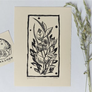 Black Berries, Lino Print, Hand Printed Workshop Graphic on Beige A5 Paper
