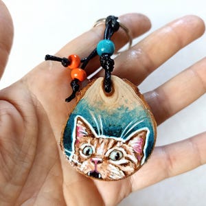 Hand-Painted Wooden Keychain - Funny Red Cat