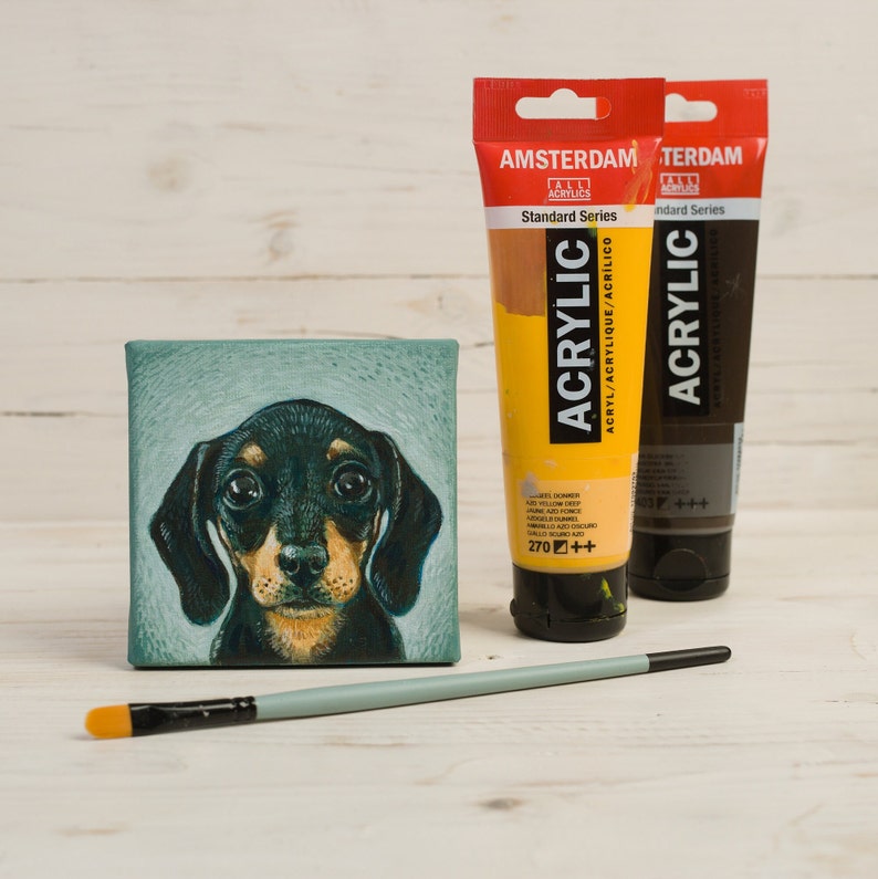 Dachshund Painting on Miniature Canvas, Wiener Dog, Animal Lover Gift, Dog Painting, Wall Art Home Decor image 2