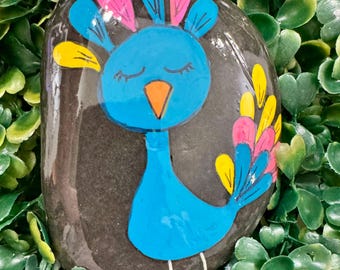 Teal Blue Bird Hand Painted Rock