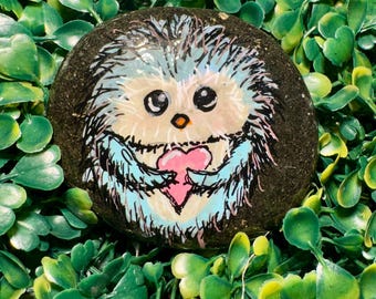 Hand Painted Owl Rock, Heart Valentine's Gift, Garden Decor