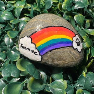 Pet Memorial Hand Painted Rock Sealed In Resin, Rainbow Bridge