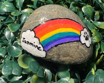 Pet Memorial Hand Painted Rock Sealed In Resin, Rainbow Bridge