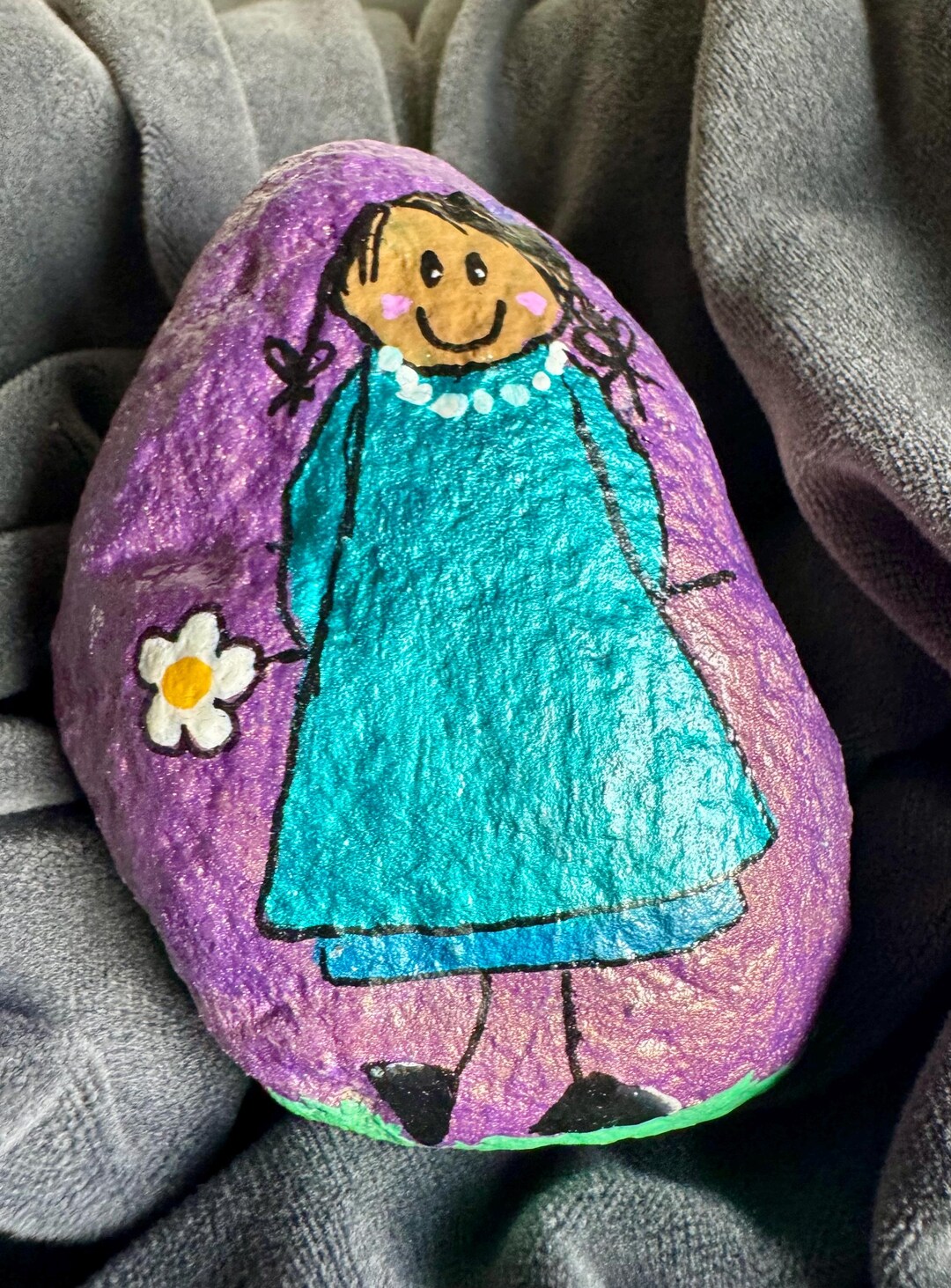 Painted Rock - Little Girl With Flower, Shimmery Garden Art - Etsy