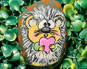 Hand Painted Valentine Hedgehog Rock, Resin Sealed Garden Decor