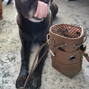 Puede incluir: Una bolsa marr&oacute;n para golosinas de perro con cierre de cord&oacute;n y una correa a juego. La bolsa tiene un peque&ntilde;o bolsillo en la parte delantera y un cierre dorado. Un carlino negro con la lengua fuera est&aacute; en el fondo.