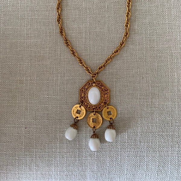 Vintage Onik white cabochon and coin pendant necklace