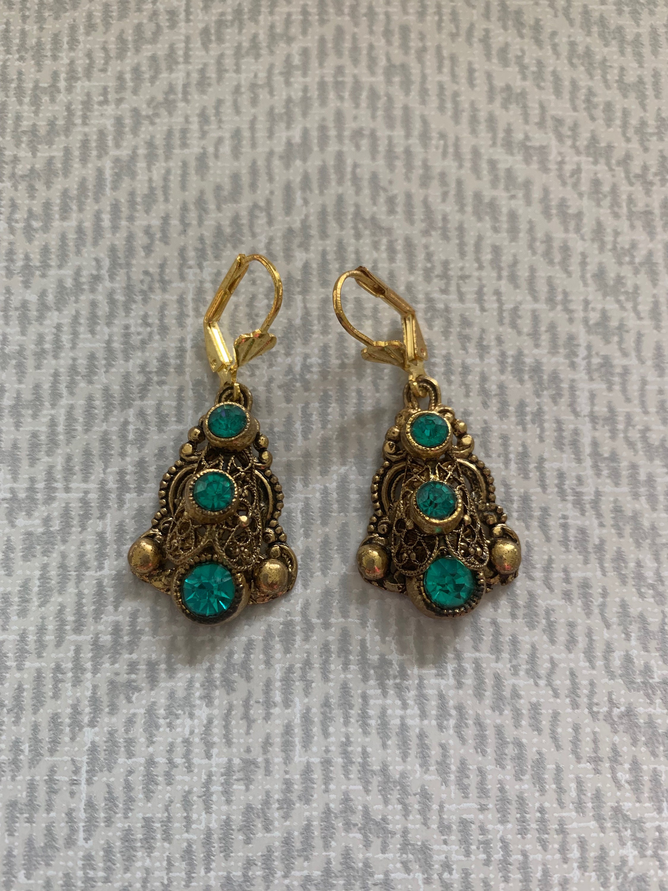 Vintage Faux Emerald Drop Gold Filigree Pierced Earrings Etsy UK