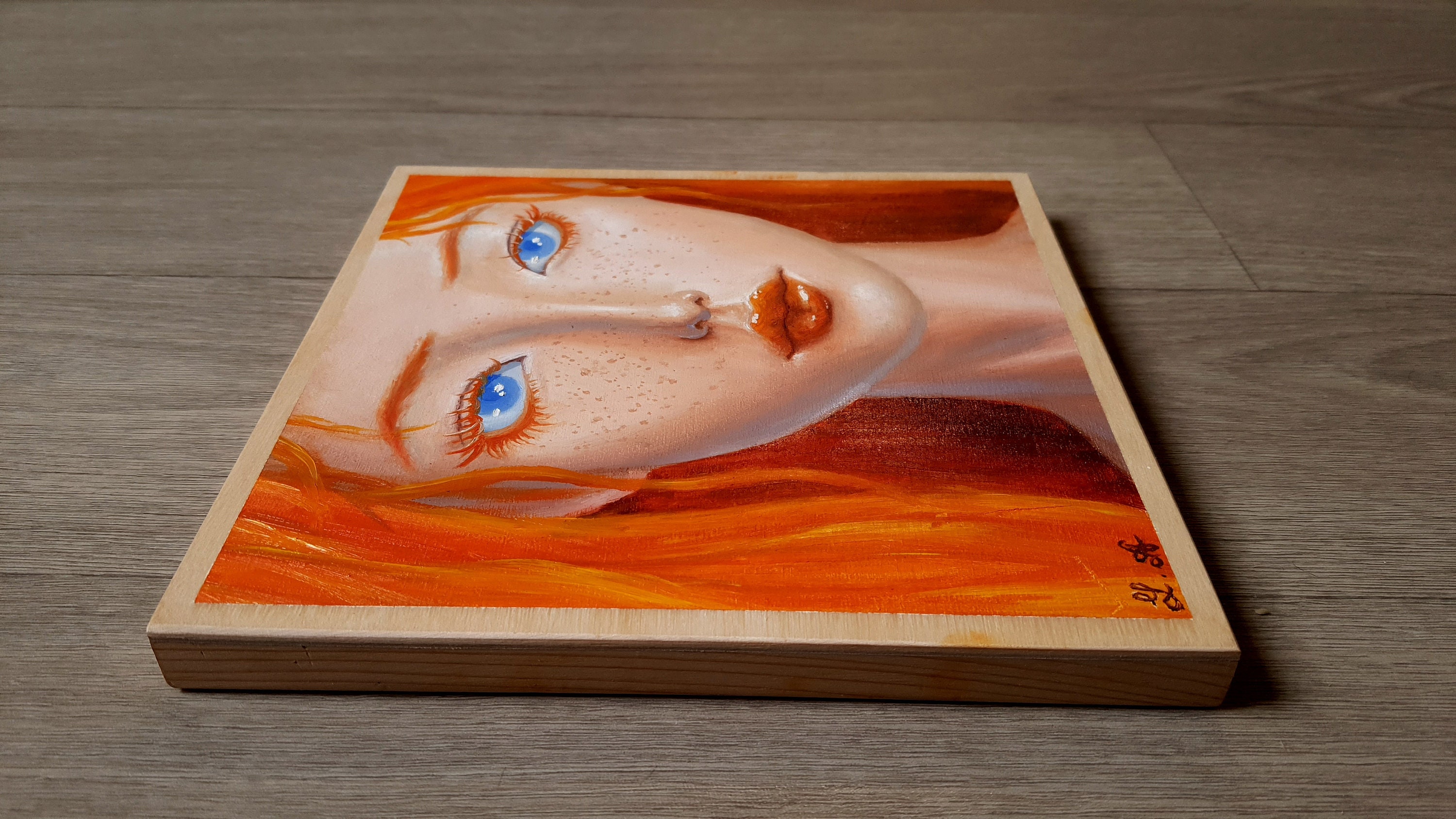 Red Hair Anime Girl Semi Realistic Portrait Orange Crush Oil On Wood