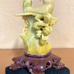 4 1/2&quot; Tall, Hand Carved Pair of Yellow Jade Birds on a Brown Stone Pedestal,