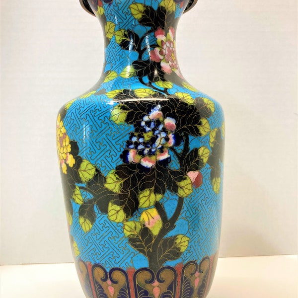 Cloisonné Vase - A Rare Vintage Sky Blue, 10 1/2" Inch Tall Chinese Cloisonné Vase - Black and Blue with Chrysanthemums