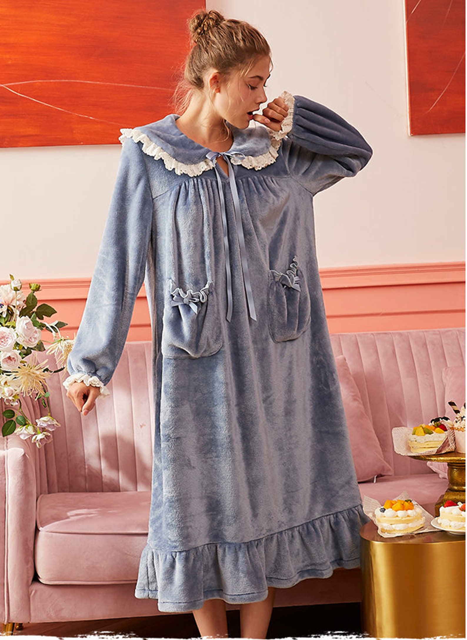 Flannel Nightgown Woman Flannel Long Sleeve Nightgowns Sweet Etsy