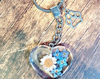 Heart-shaped keychain with embedded animal hair.
