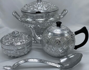 Thai Aluminum Vintage Teapot, Rice Server, Ladle, and Bowl with lid Diamond Brand