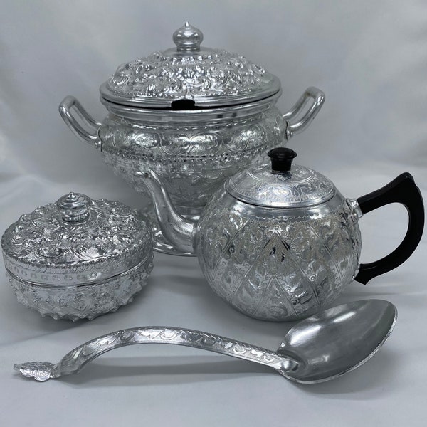 Thai Aluminum Vintage Teapot, Rice Server, Ladle, and Bowl with lid Diamond Brand