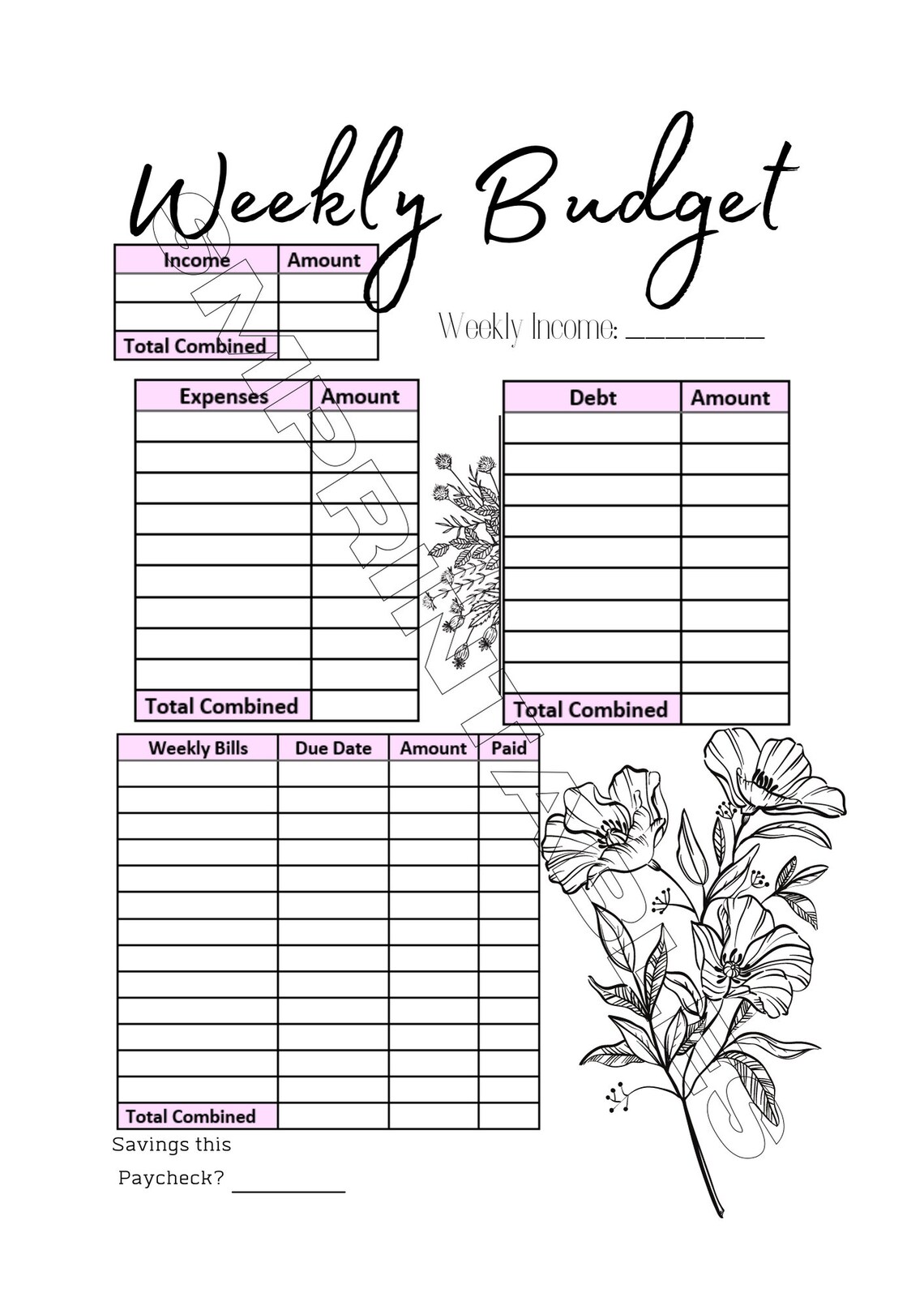 BUDGET TEMPLATE BUDGET Worksheet Instant Download Weekly Etsy