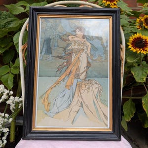 Large & Heavy Antique Vintage Art Nouveau Period Framed Wall Art with Beautiful Lady with Egyptian Motif Background, Ready to Hang.