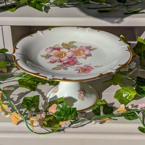 Vintage Bavarian Schuman Arzeberg China Raised Serving Plate, Desert Stand, Cake Plate on a stand in Wild Rose Pattern.