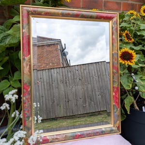 Antique Victorian Hand Painted Wooden Framed Dark Gothic Floral Rectangle Mirror