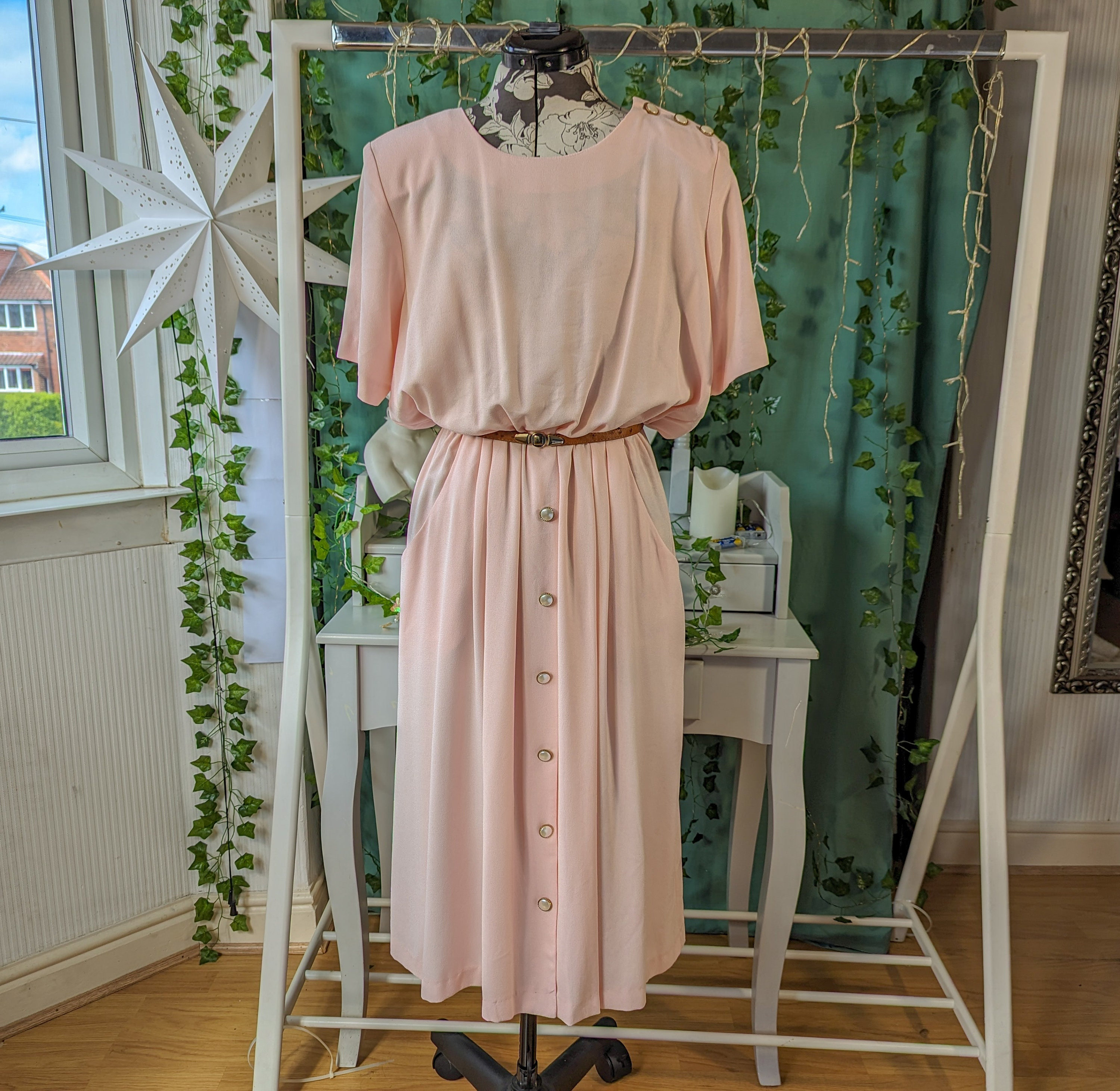 Vintage 80s Pale Pink Midi Dress: Pearl Buttons, Pockets