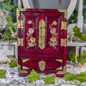 Beautiful Antique Chinese Rosewood Red Lacquer Dressing Table Cabinet Jewellery Box with Brass and Carved Flower Jade Decoration