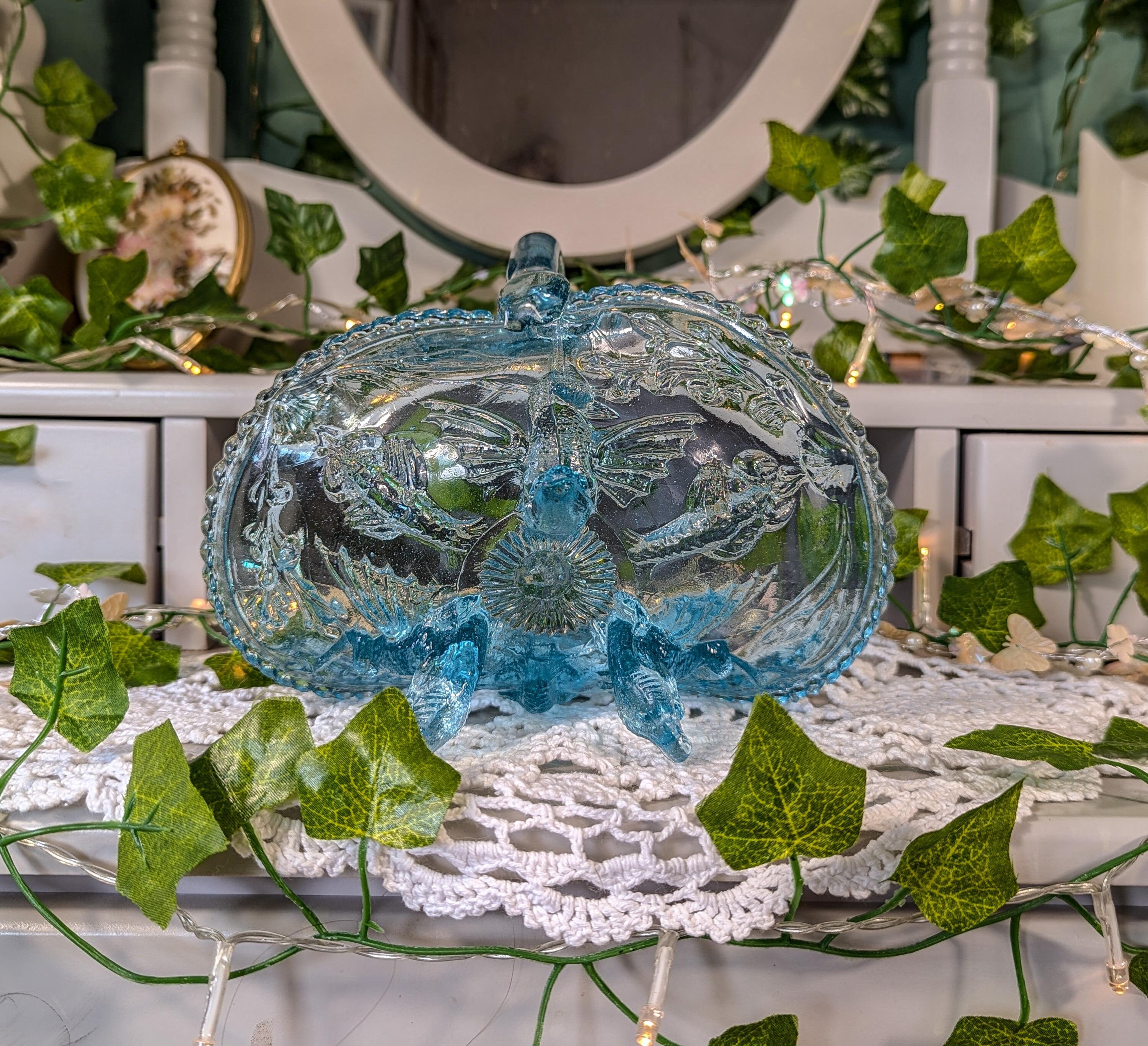 Antique Sowerby Art Deco Turquoise Glass Fruit Bowl: Diving Dolphins
