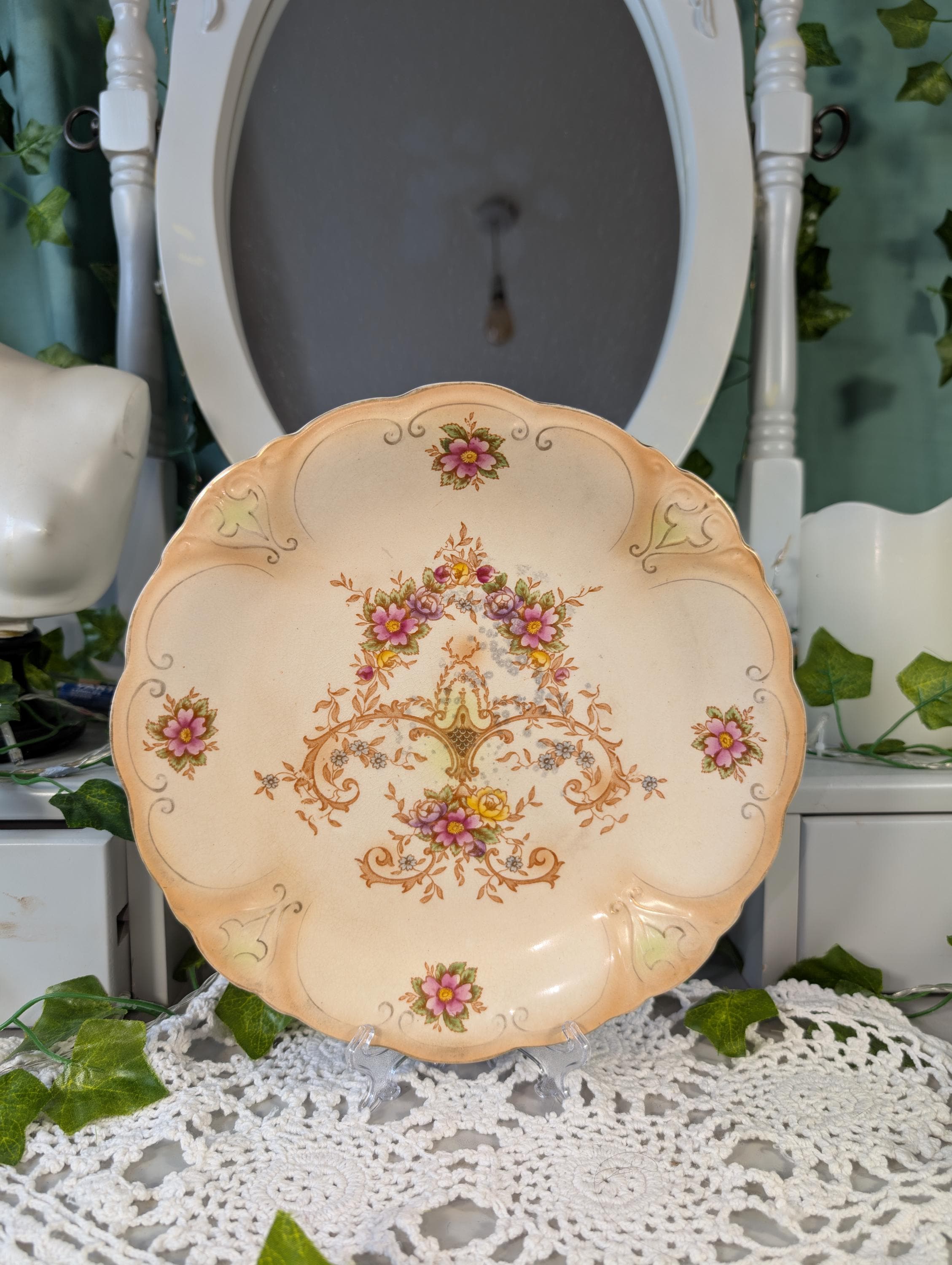 花柄八角形陶器蓋付き容器 イギリスアンティーク 花柄八角形陶器蓋