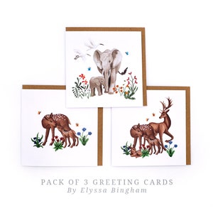 3er Pack Grußkarten von Elyssa Bingham / 'Family' / Mutter Hirsch & Baby Rehkitz / Elefanten / Hirsch Familie