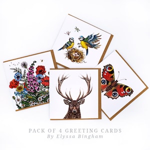 Pack De 4 Cartes De Vœux Par Elyssa Bingham / 'Woodland Walk' / Oiseaux Fleurs Cerf Papillon