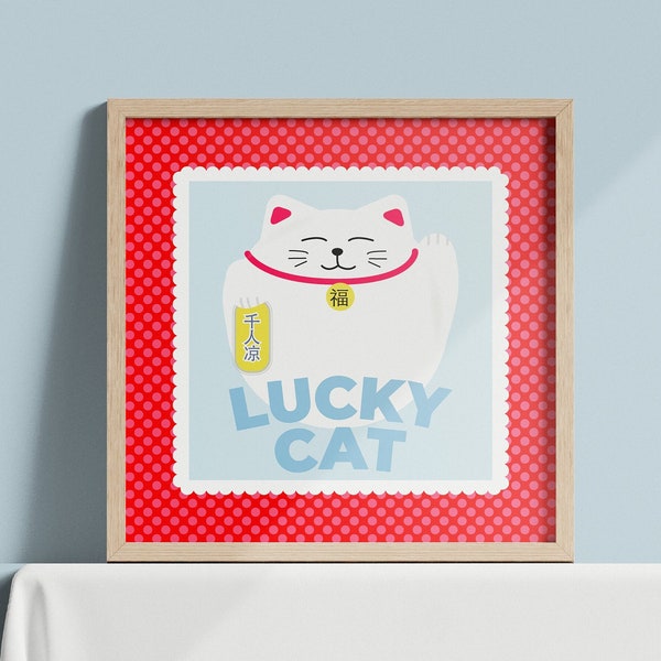Lucky Cat Maneki-neko Print | Money Cat | Happy Cat Good Fortune Wall Decor | 6x6"/8x8"/12x12" Unframed Print | Japanese Beckoning Cat
