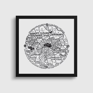 Vintage Circular Map of London | Framed Monochrome 30x30 Fine Art Giclée Print | Capital Wall Art | Victorian Map | Gift Print | Graphic Art