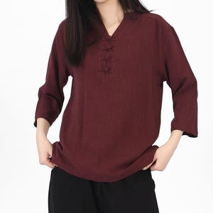 Women&#39;s linen T-shirt 3/4 sleeves V neck linen cotton shirt loose linen blouse plus size linen tops Oversized linen shirt summer tops B68 07