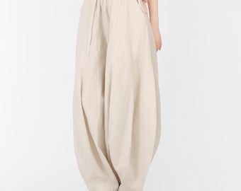 Pantalones anchos de lino, pantalones holgados de lino, pantalones de corte suelto, pantalones casuales tipo farol, pantalones largos con cintura elástica, pantalones harem F564