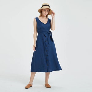 Women's linen sleeveless dress maxi dress loose linen wrap oversized dress casual summer fall dress plus size clothing customized dress x17