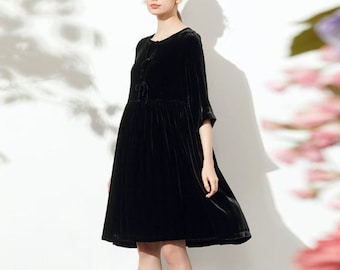 Velvet dress for women half sleeve dress midi velvet dress Bridesmaid Dress Loose Casual plus size clothing Winter dress Pleated dress A01-3