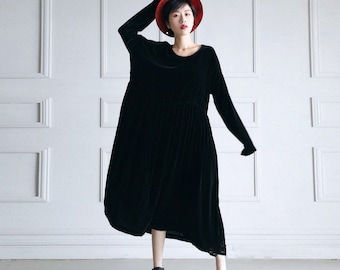 Women Velvet Dresses, Midi velvet dress, long sleeves dress loose dress Bridesmaid Dress Spring Fall Winter Dress, Plus Size clothing N157-1