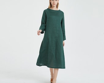 Women's linen Dress, Long Sleeves dresses, linen midi dress, loose linen dress, kaftan oversized long dress, plus size clothing R25