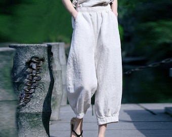 Pure linen pants, Women Harem pants, wide leg pants, oversized clothing,custom linen long pants, loose casual pants, plus size pants N299