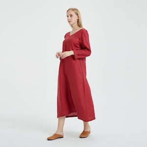 Red linen dress, linen maxi dress, long sleeve dresses with pockets, spring fall dress, soft casual dress, custom oversized linen dress R30