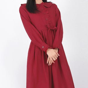 Elegant Linen Maxi Dress Formal Dress Vintage Dress Long Sleeves Dress Peter Pan collar Dress Drawstring Waist Shirt Dress with Pocket F157