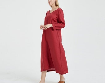 Red linen dress, linen maxi dress, long sleeve dresses with pockets, spring fall dress, soft casual dress, custom oversized linen dress R30