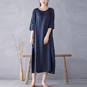 Women's linen dress, linen Robe, Summer Solid Color A-line dress, Short Sleeve Dress, Long Buckle Loose Large Size Round Neck dress N199